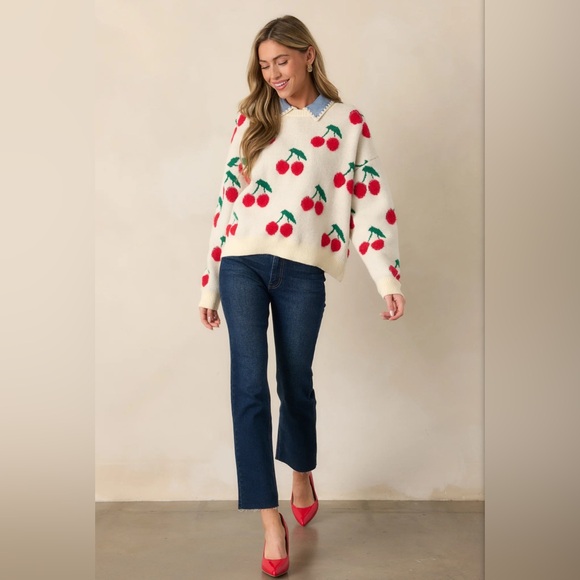 NWT &Merci “Sweet As Can Be” Ivory Cherry Print Sweater in size small - Picture 2 of 16